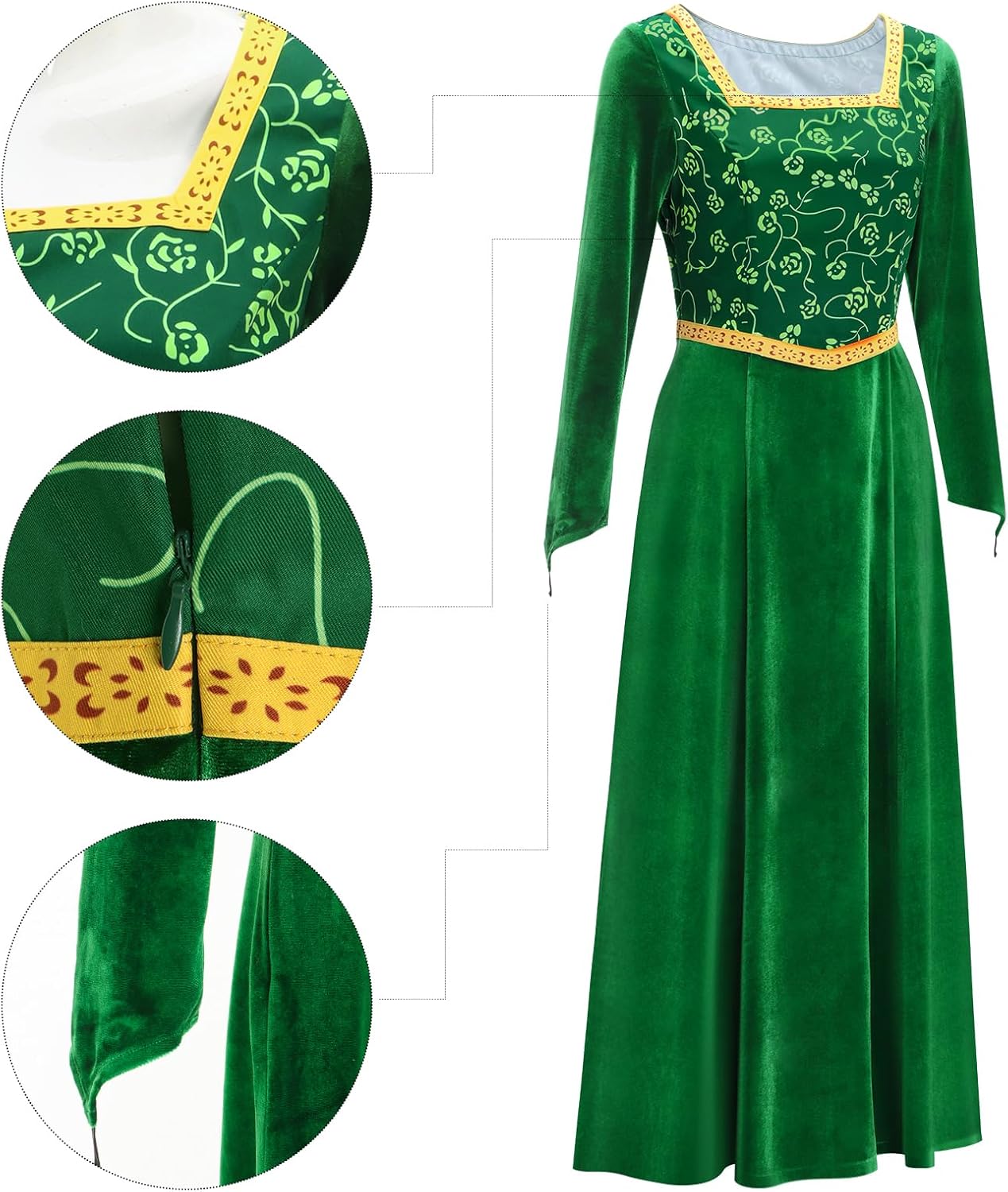 Women Costume Princess Green Dress Long Sleeve Velvet Gown Halloween Movie Cosplay Set - Image 5
