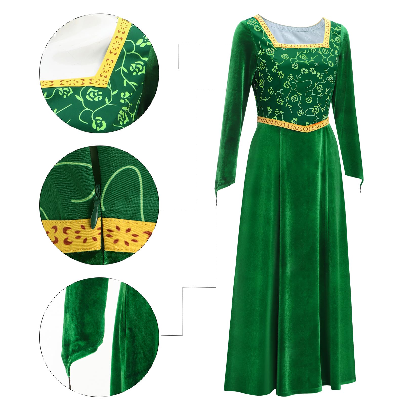 Funhoo Vestido de Fiona para mujer, disfraz de princesa verde, vestido de una sola pieza, vestido de terciopelo de manga larga, disfraz de Halloween, cosplay, fiesta
