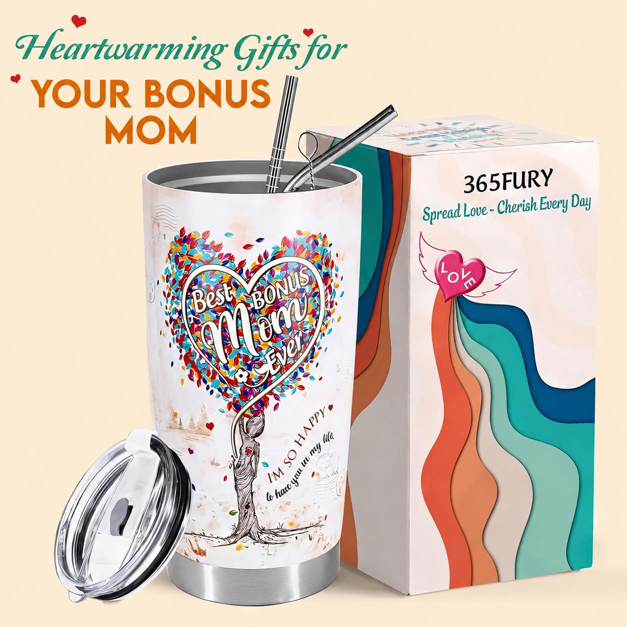 Gifts For Bonus Mom From Son, Daughter - Best Bonus, Step Mom Ever Gifts - 20oz Tumbler w/Straw & Keychain - Christmas, Birthday, Mothers Day Gift For Stepmom, Mother in law, Boyfriend Mother