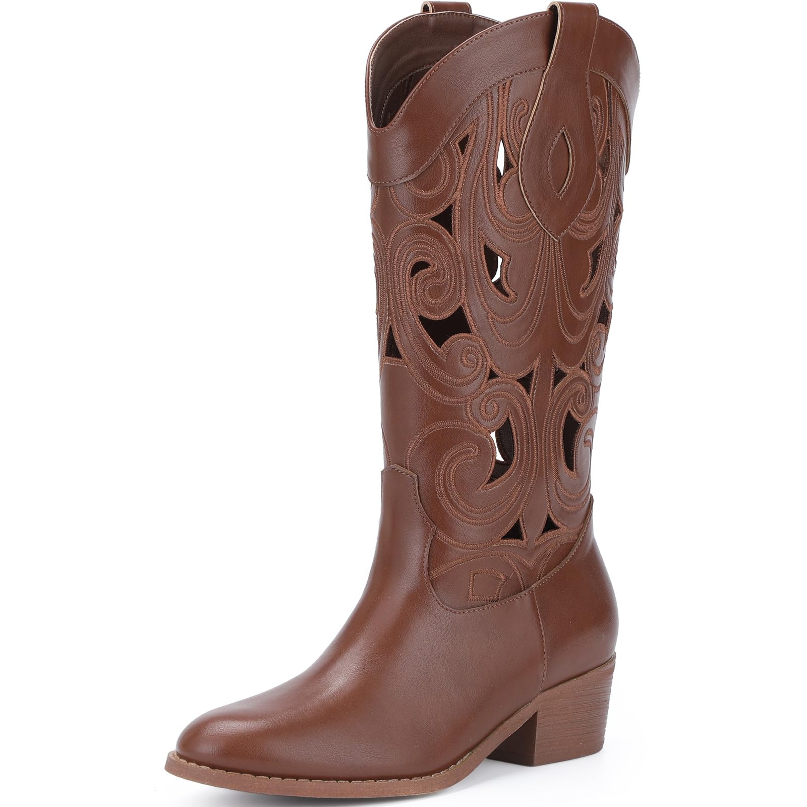 Cowboy Boots Women Cutouts Western Cowgirl Boot Embroidered Leather Boots Chunky Heel Fashion Vintage Mid Calf Boot