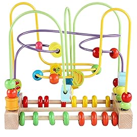 QZMTOY Wooden Toys for Toddlers, Bead Maze Toy for Toddlers with Colorful Animals Fruits Shapes, Educational Counting Learning Circle Toys for Kids, Classic Gifts for Boys Girls Baby