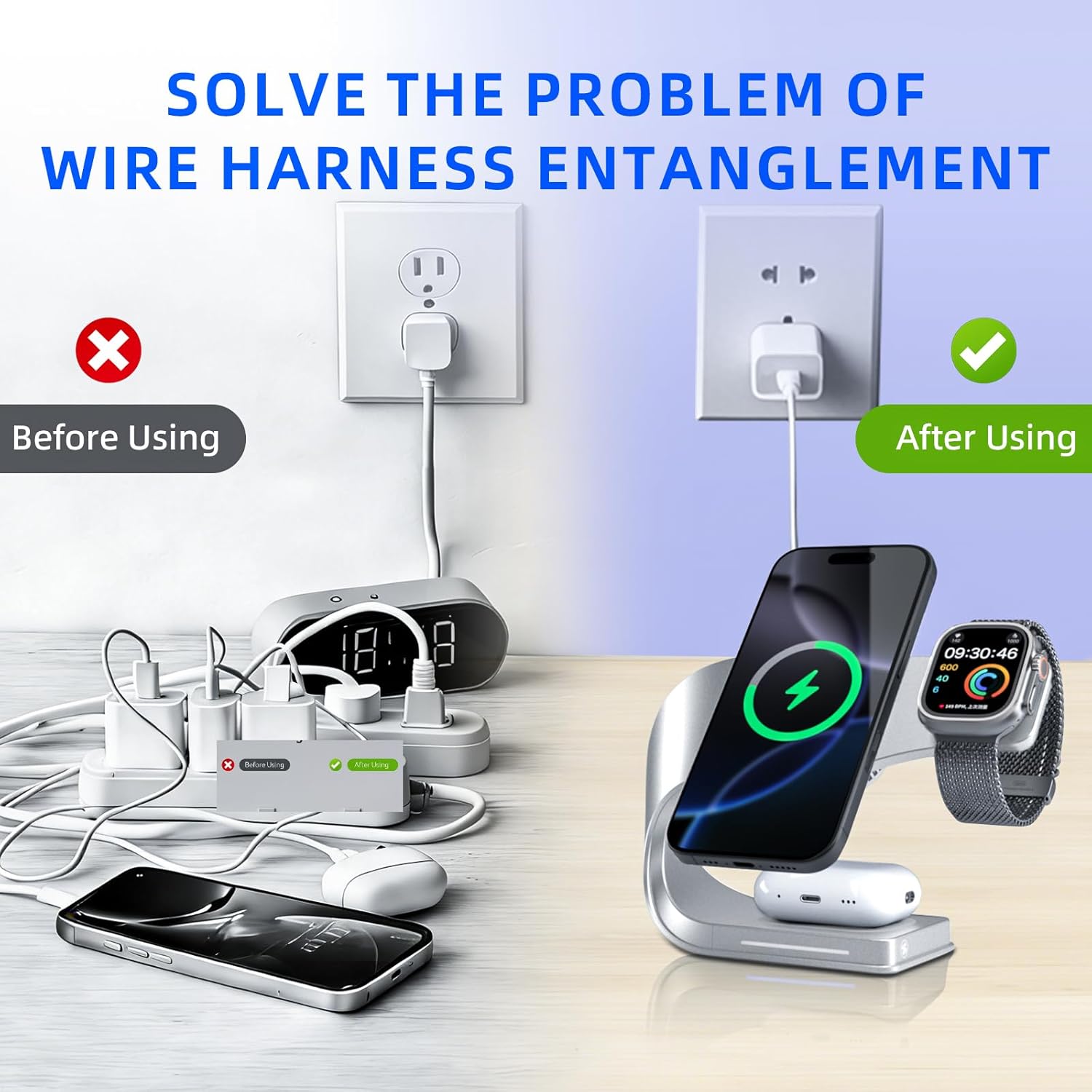 3 in 1 Wireless 15W Fast Charging Station for Apple Devices Dock for iPhone 15/14/13/12 Apple Watch Series 11/10/9/8/SE AirPods Pro 3/2 Bedside Charging Stand with Nightstand Organizer (Silvery)