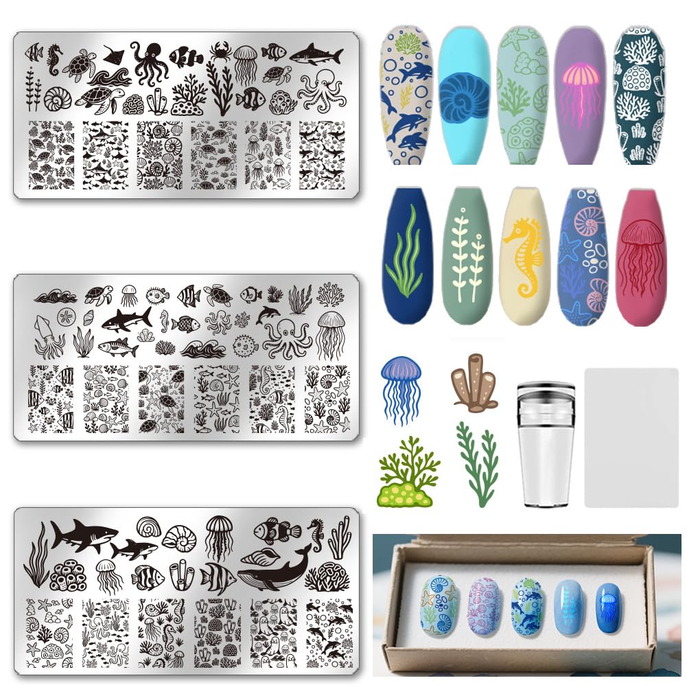 UNICRAFTALE 3Pcs Summer Nail Stamp Plates Set Ocean Series Nail Stamping Plate Turtles Shark Medusa Image Nail Stencils Conch Nail Art Stamping Template with Nail Scraper for Women Nail Design Tools-image-12