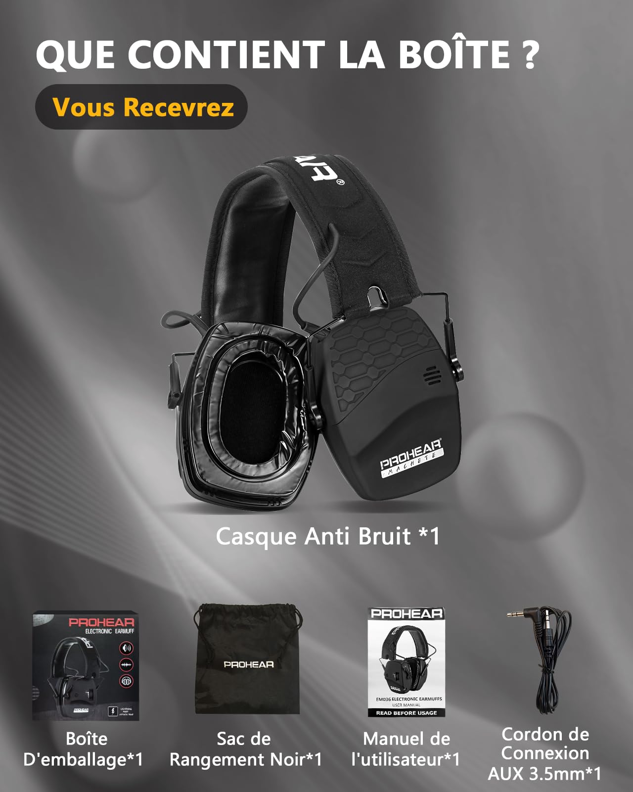 PROHEAR 036 Casque Anti Bruit de Tir Electronique Silicone Coussinets d'oreille Remplaçable, SNR 28dB/NRR 23dB Réducteur de Bruit, Protection Auditive de Amplificateur Sonore