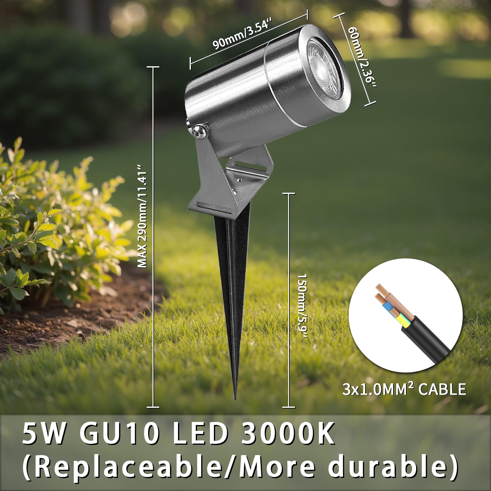 JNR Faretti da Giardino con picchetto da giardino (2-Argento) | Acciaio Inossidabile Faretti IP65 Impermeabile, con Cavo da 2 M, 230V GU10 5W 3000K LED Lampadina Inclusa