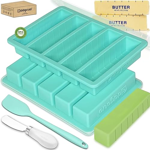 GDDGCUO Moldes de silicona para mantequilla con tapa, bandeja de mantequilla antiadherente con cuchillo de mantequilla y espátula, marco de acero