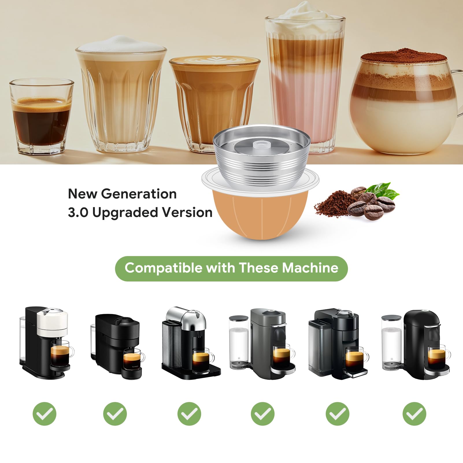 Nespresso Vertuo Pods versión actualizada para cafetera Vertuo Next para hacer café crema de 230 ml, cápsulas reutilizables de acero inoxidable para Vertuo Next, 2 cápsulas 1 manipulador