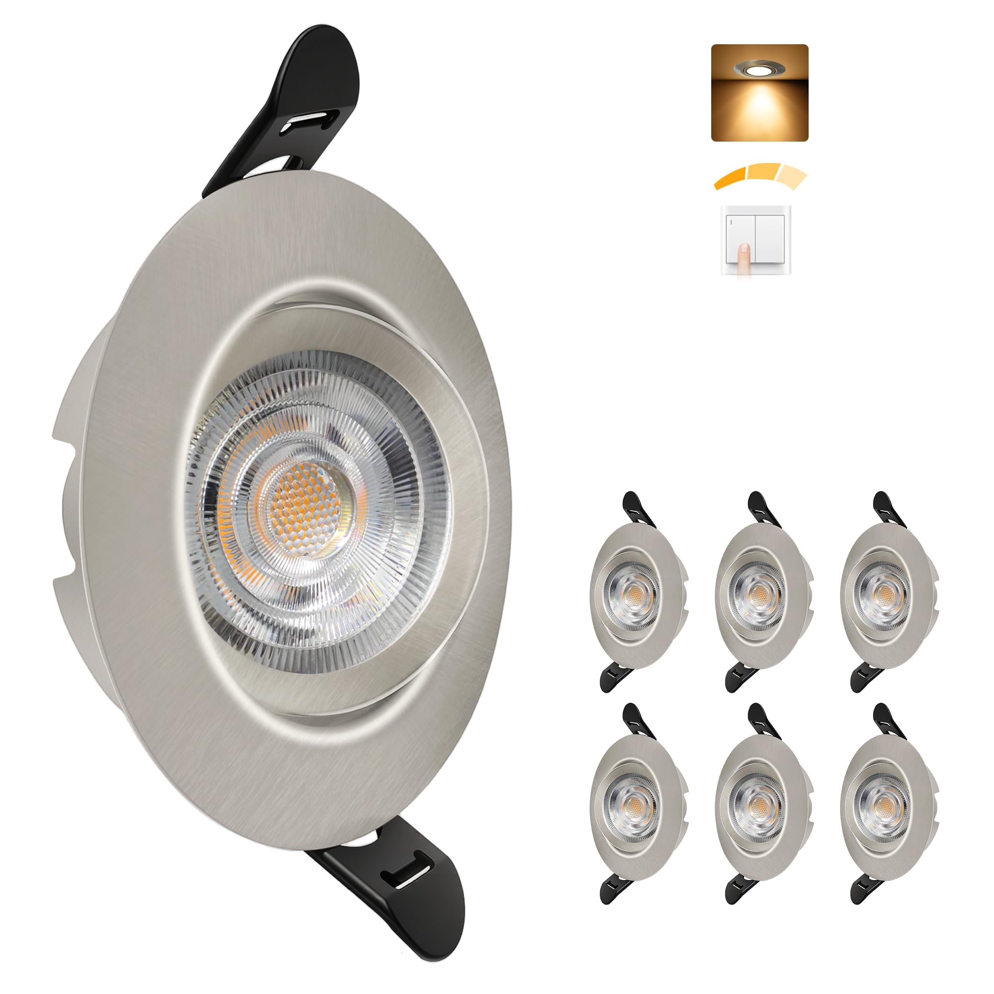 Spot LED Encastrable Dimmable 220V, 5.5W 600LM IP44 Spots LED Encastrable Extra Plat 68mm, 45° Orientable Spots de Plafond 2700K Blanc Chaud Spot Salle de Bain, Nickel Brossé Lot de 6