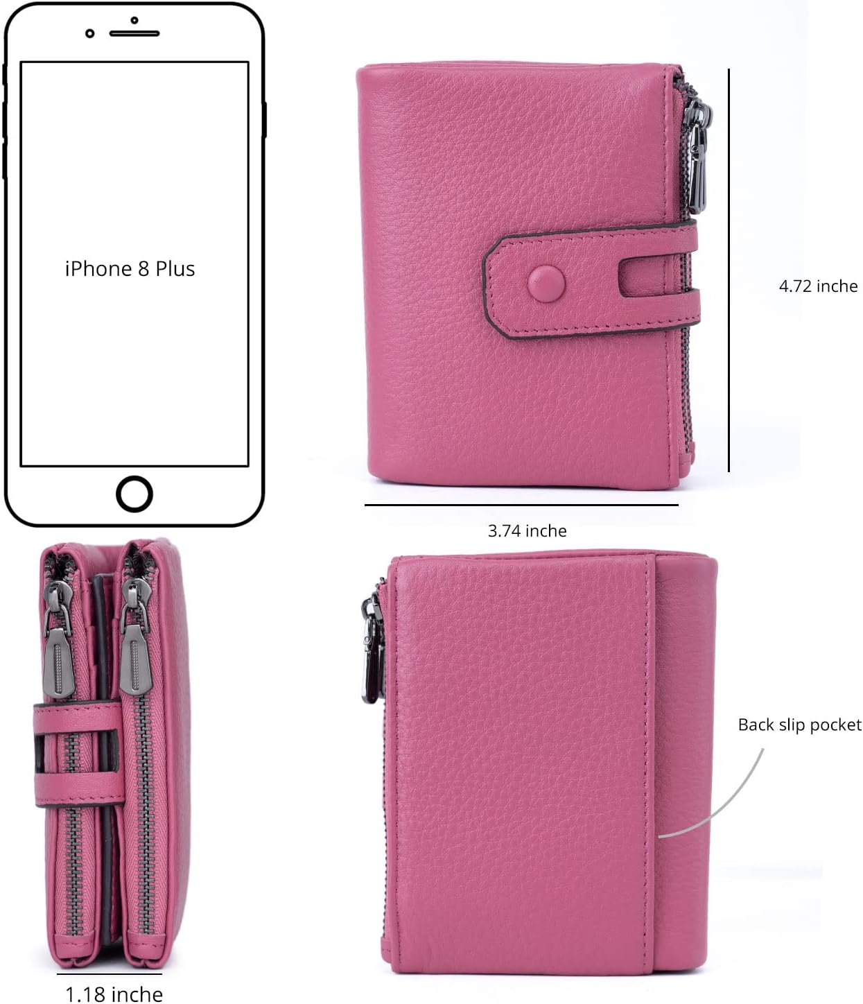 Bveyzi Small Soft Leather Wallet for Women RFID Blocking Ladies Card Holder with Double Zipper Pocket - Image 4