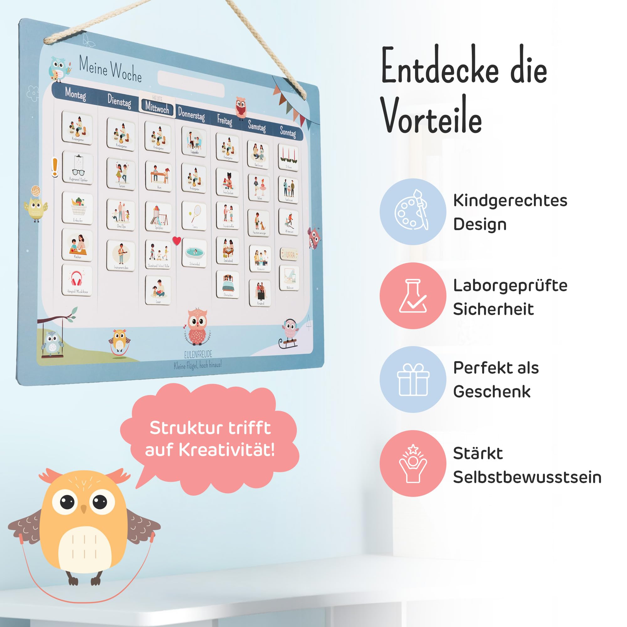 Wochenplaner Kinder - Montessori Magnettafel, 211 Magnete, beschreib- & abwischbar - Wochenplan Kinder fördert Selbstständigkeit & Struktur - Wochenplaner magnetisch mit Zubehör