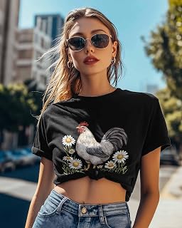 Womens T Shirt Farm Chicken Daisy Graphic Tees for Women Crew Neck Short Sleeve Tees Tops M