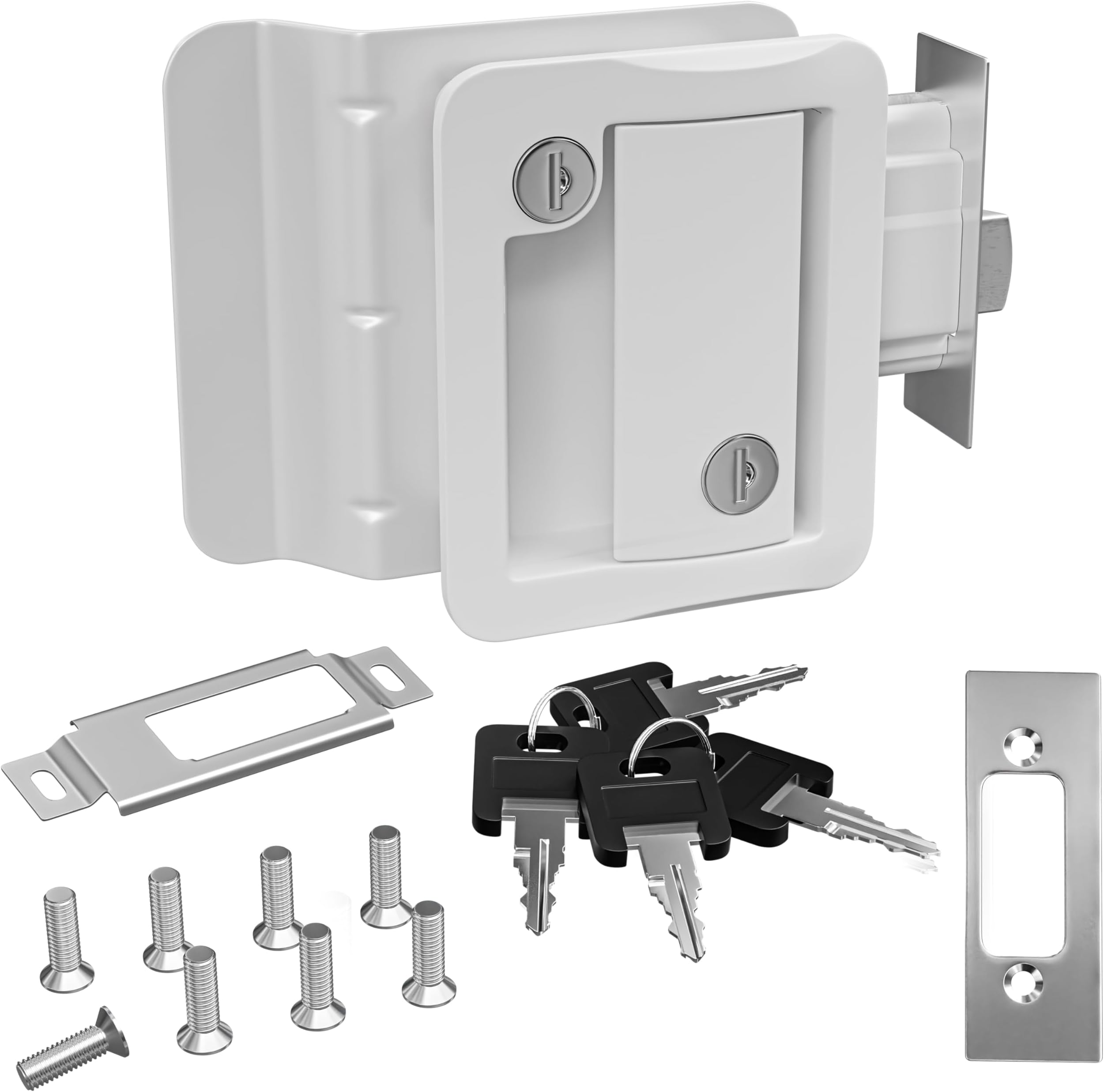 RV Door Lock Replacement with Paddle Deadbolt, Camper Door Handle Latch, 100% Metal RV Enclosed Travel Trailer Entry Door Lock with Keys for Camper Horse Trailer Cargo Hauler White