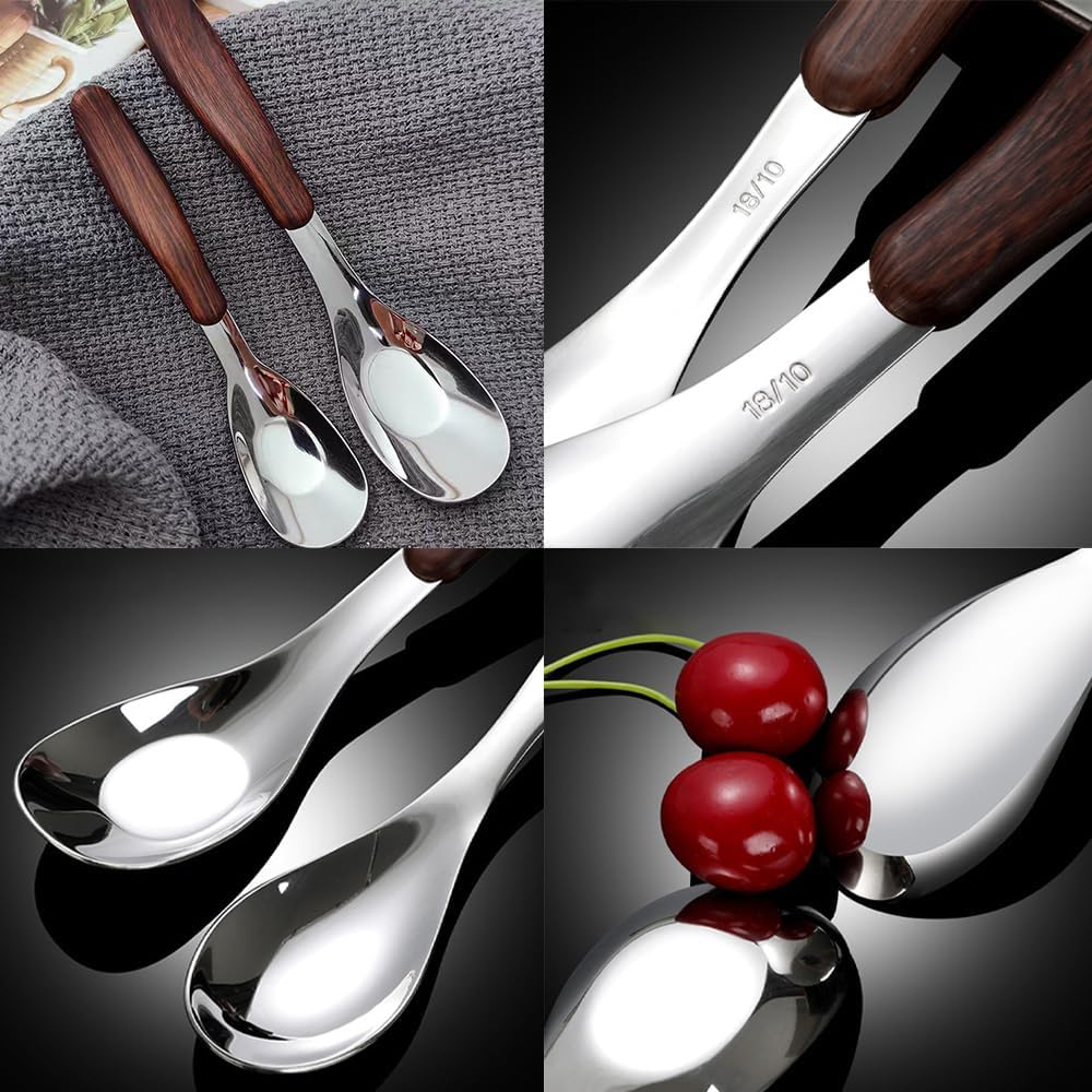 Ouliget Retro Wooden Teaspoons Set,Stainless Steel Dessert Spoons with Brown Handle Design, Mirror Polished Metal Spoon for Home Kitchen or Restaurant,Set of 4