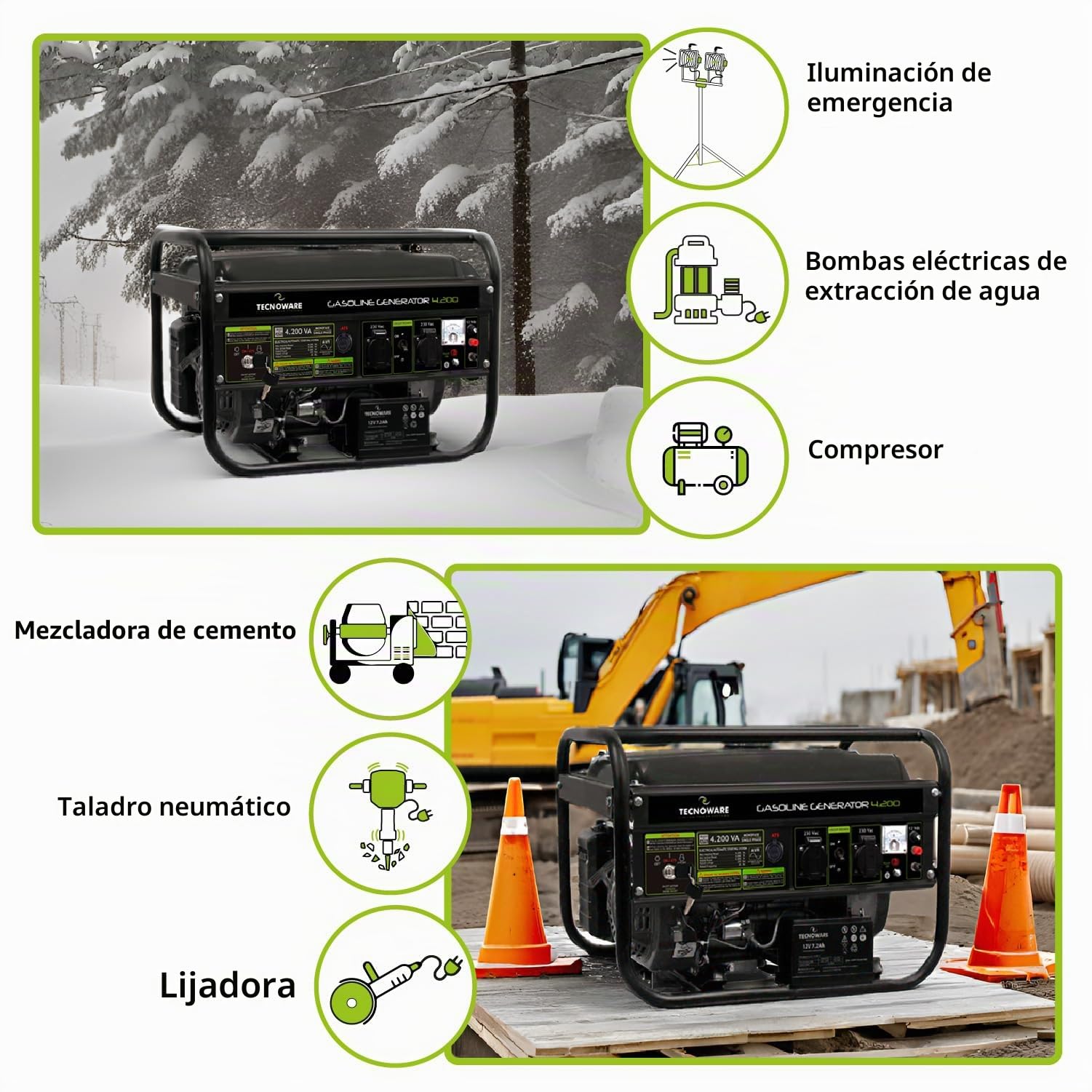 Tecnoware Power Systems - Generador de Corriente 4200 VA, Motor Gasolina 4 Tiempos, Arranque Eléctrico y Manual, Depósito 15L, Compacto y Portátil, Ideal para Camping y Construcción