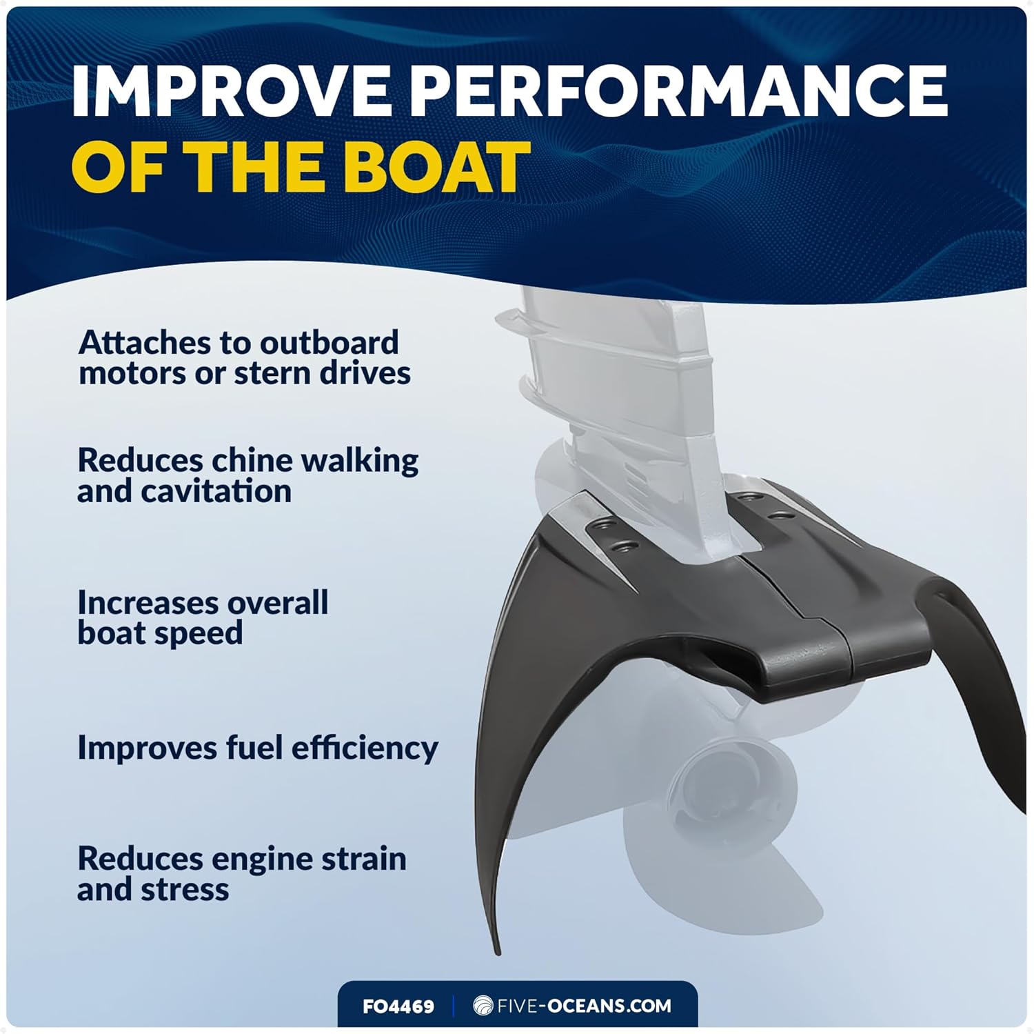 Five Oceans Hydrofoil, Hydrofoil for Outboard Motor, Hydro-Stabilizer Fins for Outboards and Stern Drive, for Motors at a Horsepower Range of 40-250HP, Black - FO4469