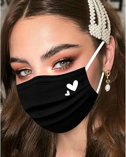 Miniatura 2 de 50 máscaras faciales desechables, bonitas máscaras rosas y negras con corazones impresos, protección facial completa de 3 capas para mujeres,