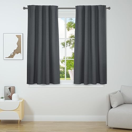 Miniatura 1 de Cortinas de lino 100% opacas para dormitorio de 45 pulgadas de largo, con pestaña trasera y bolsillo para barra, cortinas de oscurecimiento con