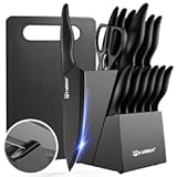 16 Pieces Kitchen Knife Block Set with Cutting Board&comma; German Stainless Steel Knife Set with Sharpener&comma; Dishwasher Safe&comma; Anti-Slip Handle&comma; 6 Steak Knives&comma; Black