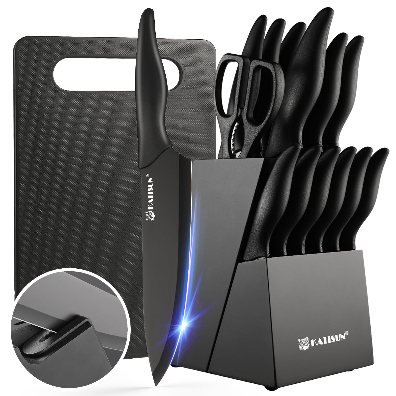 16 Pieces Kitchen Knife Block Set with Cutting Board, German Stainless