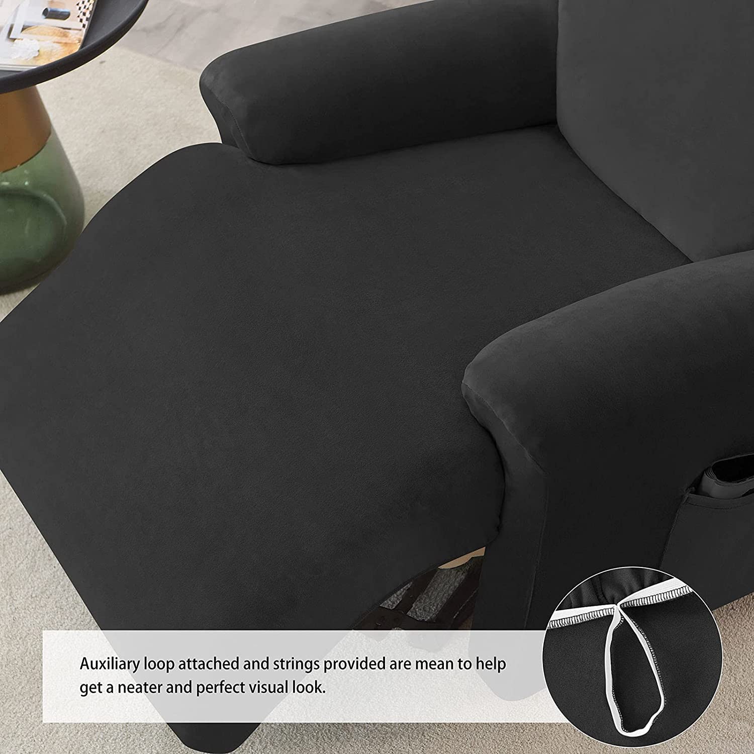 4-teilige Samt Ruhesessel Bezüge, Stretch Velvet Plush Relaxsessel Bezug für Wohnzimmer mit Seitentasche, Sesselschoner für Fernsehsessel, Sitzbreite 58-89cm (Schwarz)