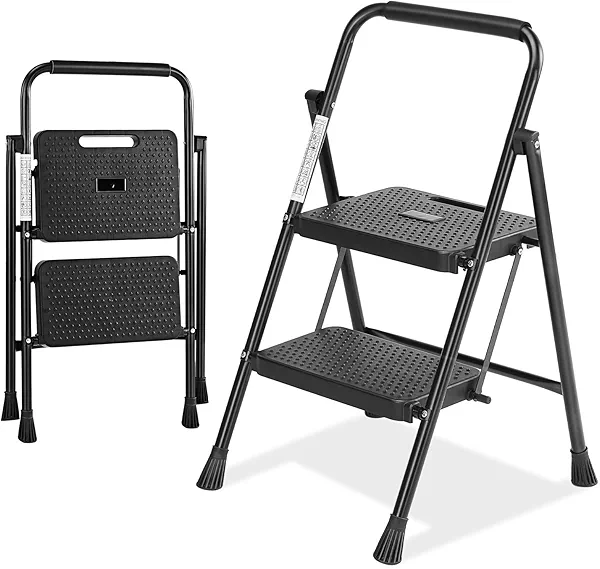 Sweetcrispy 2 Step Ladder, 800lbs Folding Step Stool with Wide Anti-Slip Pedal, Sturdy Ladder, Convenient Handrail, Lightweight, Portable Step Stool