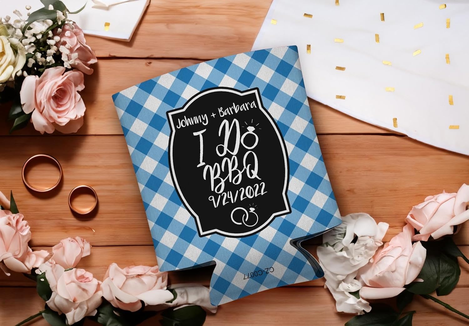 I Do BBQ Wedding Favors Custom Text Save the Dates 48-pack Personalized Coolies Drink Coolers Blue