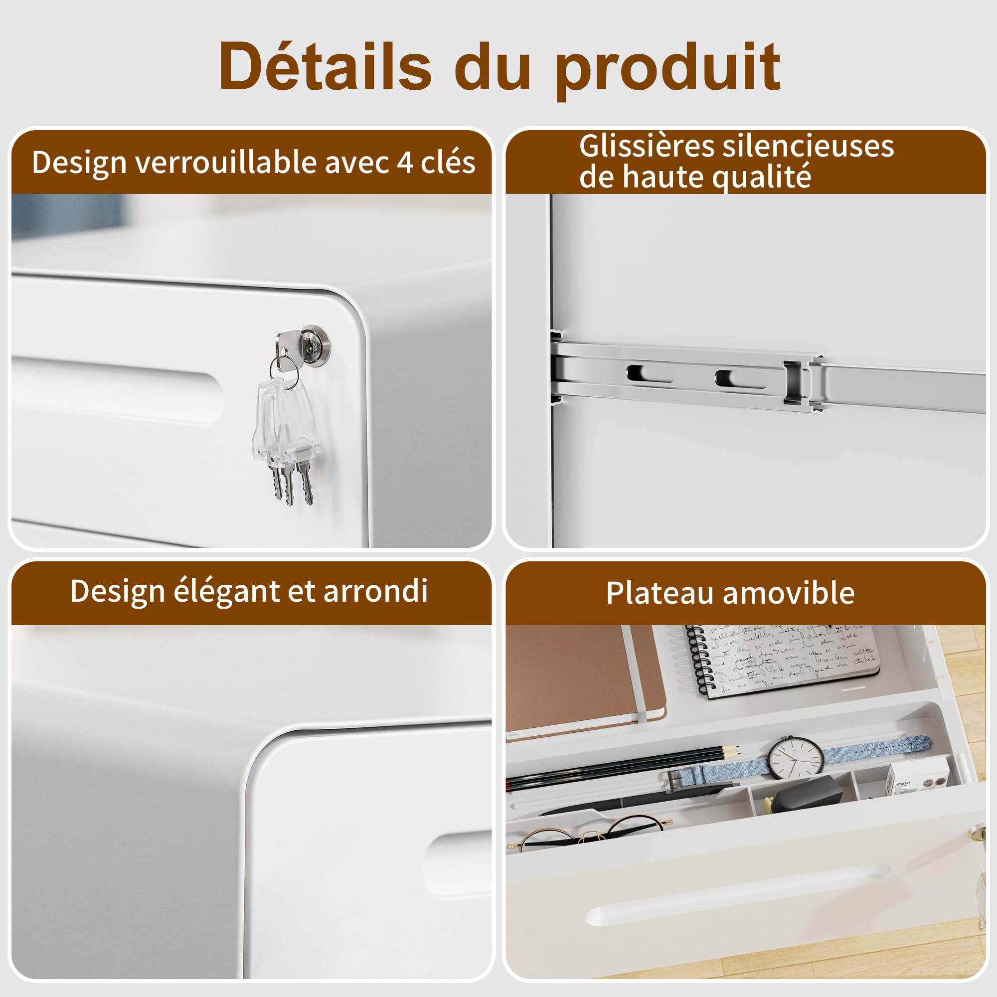 Caisson de Bureau Metal, Caisson de Rangement Mobile, Caisson à 4 Tiroirs, Coins arrondis, Meuble de Rangement Bureau, avec Serrure, 4 Clés, Prémonté, 46P x 40L x 64H cm, Blanc