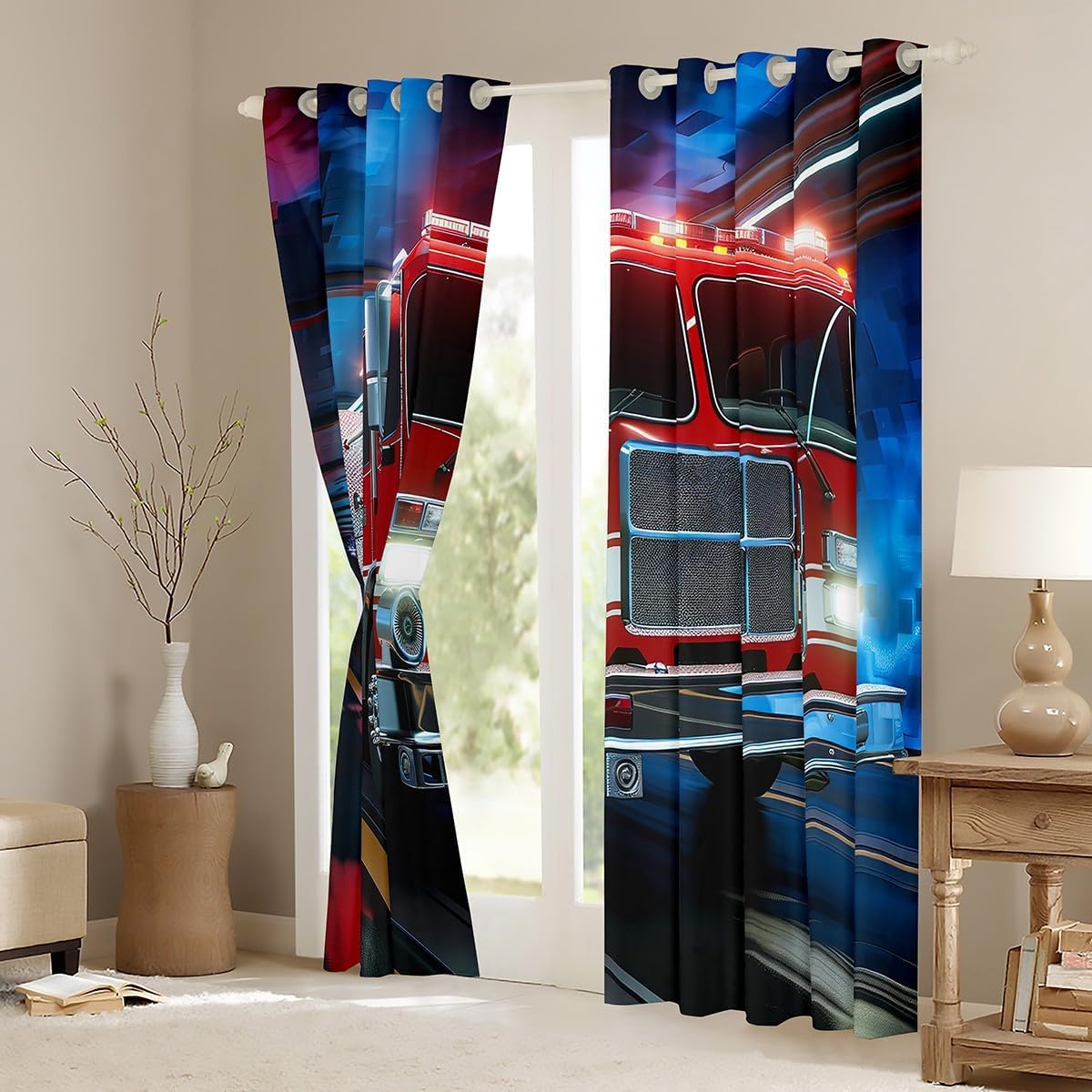 Fire Truck Window Curtains,Firefighter Car Curtain,Firemen Engine Vehicle Window Drapes for Kid Teens Boys Young Man,Modern Bedroom Decorative,3D Red Fire Truck Curtain,84Wx84L
