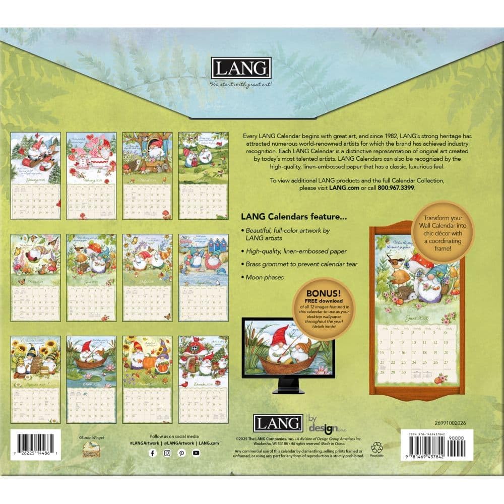 Lang Gnome Sweet Gnome Calendrier mural 2026 – Calendrier de 12 mois avec reliure agrafée, illustration de nain fantaisiste par Susan Winget, papier gaufré en lin, 34 x 30 cm