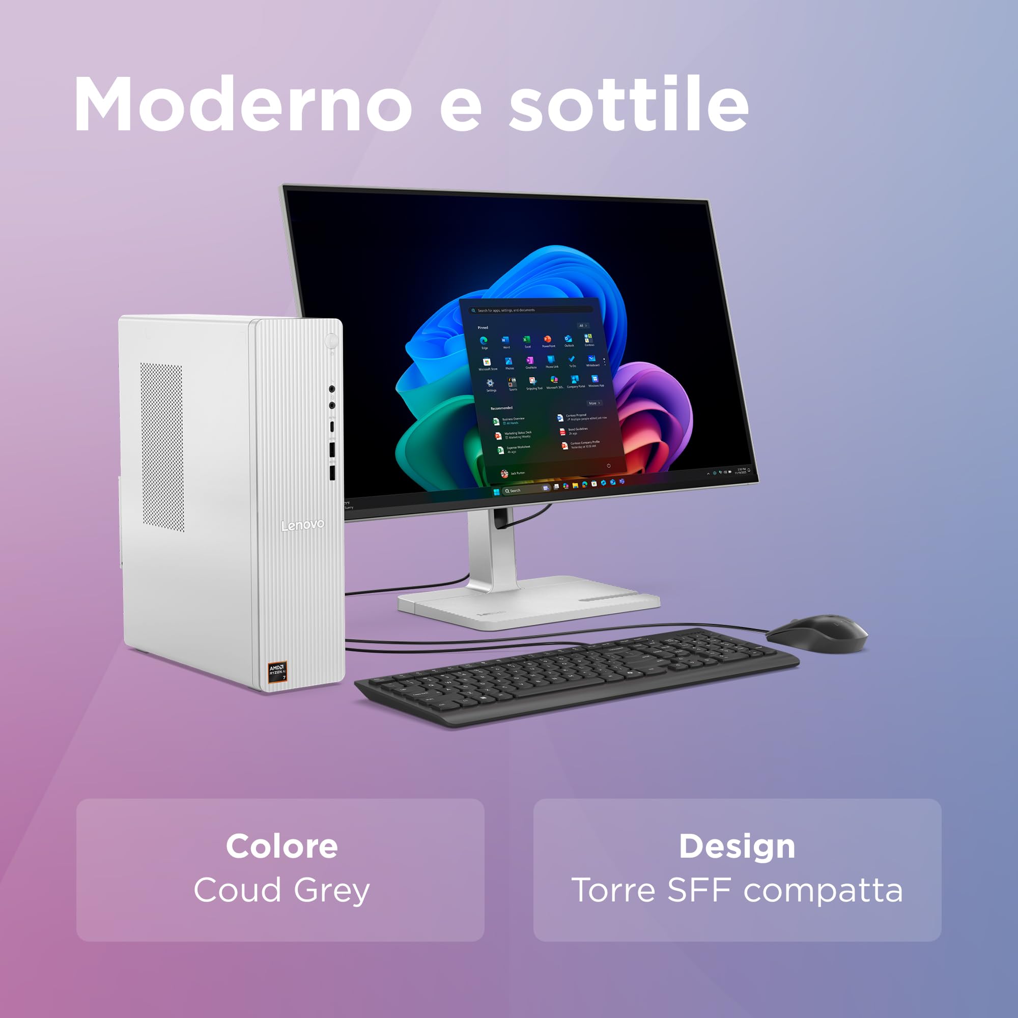 Lenovo IdeaCentre Tower Gen 10 - Desktop, AMD Ryzen 5 220, RAM 16GB, SSD 512GB, Wi-Fi 6, BT 5.3, Windows 11 Home, Mouse e Tastiera USB inclusi - Cloud Grey