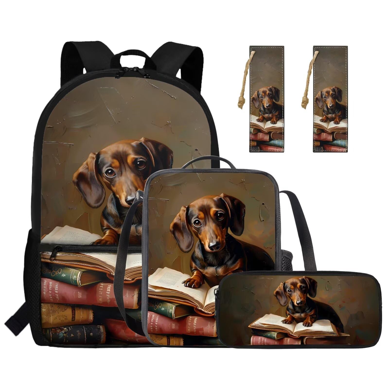4 szt. plecak dla dzieci 17 cali duża pojemność chłopcy torba na książki z pudełkiem na lunch chłopcy torby szkolne dla dzieci 8-9, Książka Dachshund-2