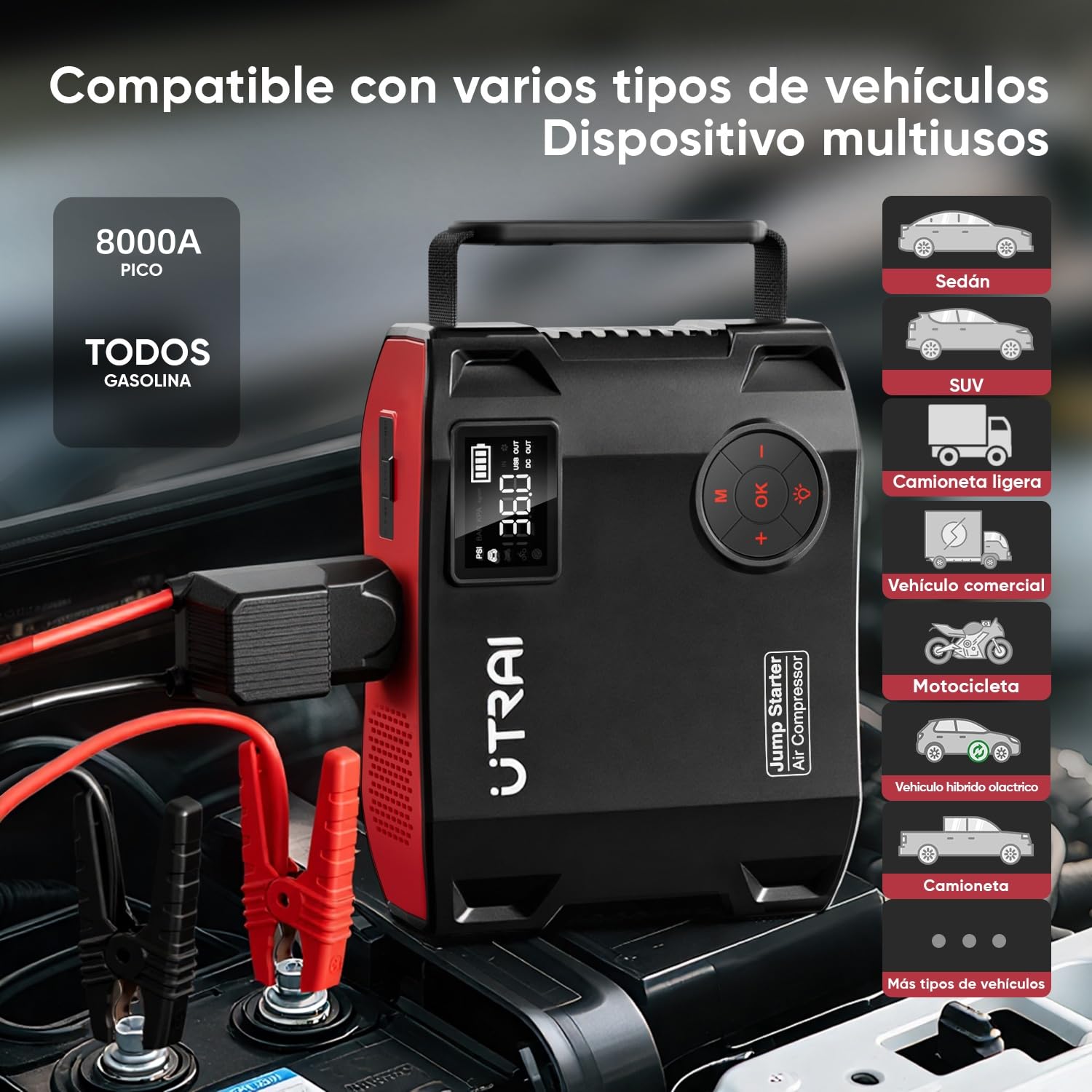 27000mAh Arrancador de Baterías de Coche con Compresor de Aire/18W Carga Rápida/Luz LED de 1600 lúmenes/160W DC out/Pantalla LCD/Carga rápida 3.0(All Gas o 12L Diesel) UTRAI 8000A Jump Starter