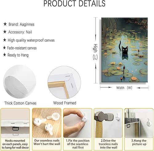 Miniatura 2 de Lienzo de lirio de agua negro con gato negro, arte de pared divertido de loto negro, imágenes retro clásicas, impresionistas, pintura de naturaleza,