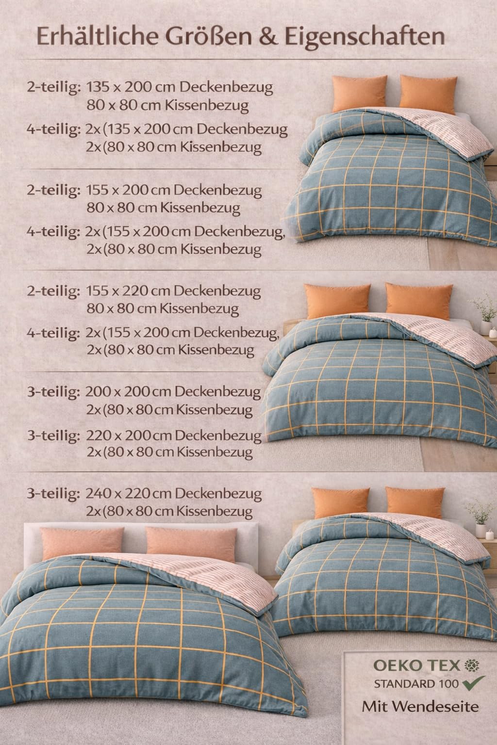 Leonado Vicenti 4-teilig Wendebettwäsche 135x200 cm Baumwolle Renforcé – Kariert Petrol mit Streifen 2X Bettbezug & 2X Kissenbezug 80x80 cm – Reißverschluss