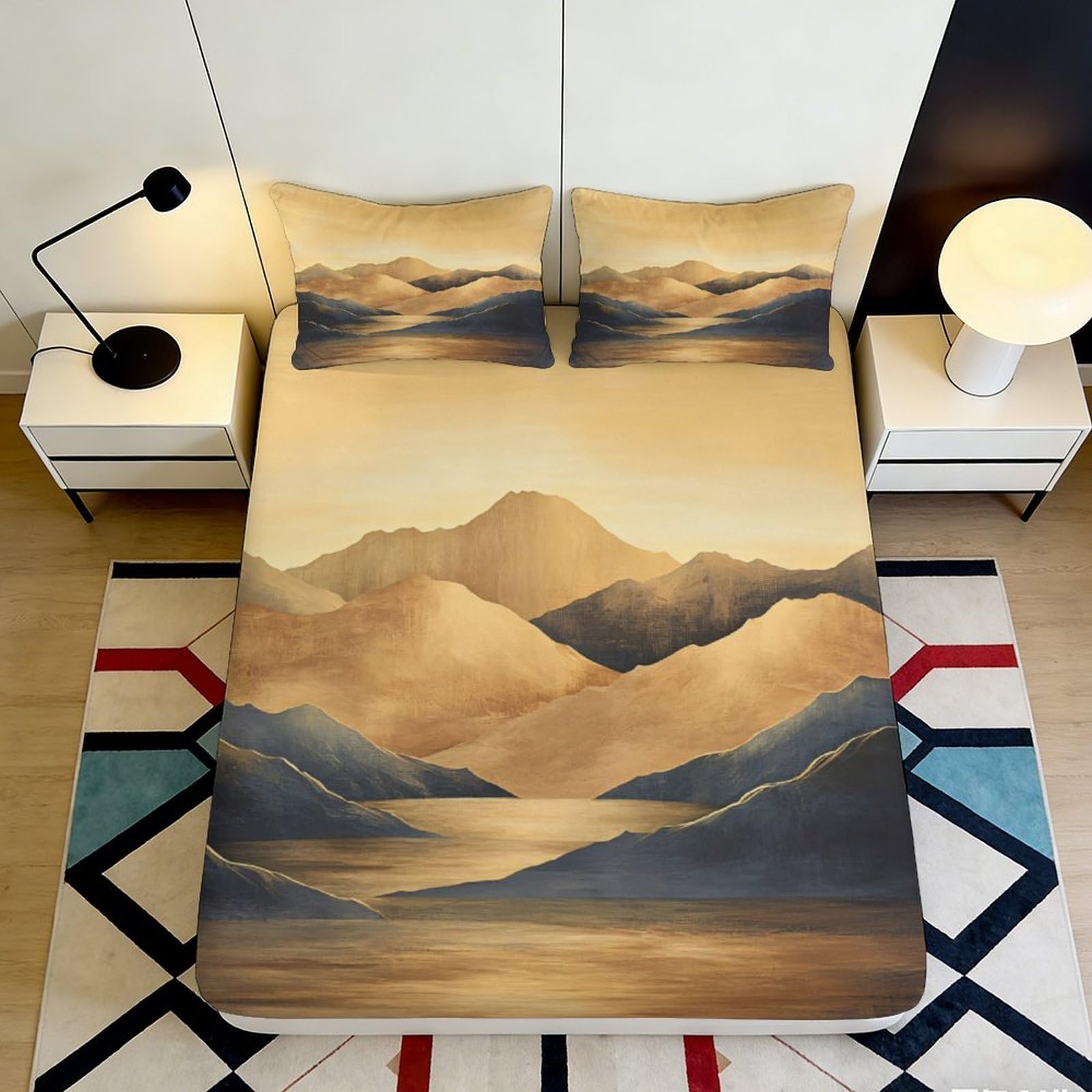 3D Printed Golden Mountain Landscape Fitted Sheet Microfiber Soft Anti-Slip Scenic River Mattress Cover for Bedroom Dorm 140x200x25cm