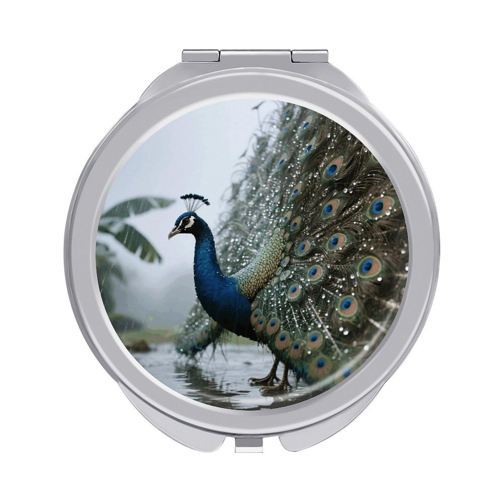 FodPand Compact Hand Mirror with 1x/2x Magnifying Round Travel Makeup Mirror Mini Foldable Peacock Cosmetic Mirrors Travel Essentials Gift for Women Girl Portable for Pocket Purse -Silver