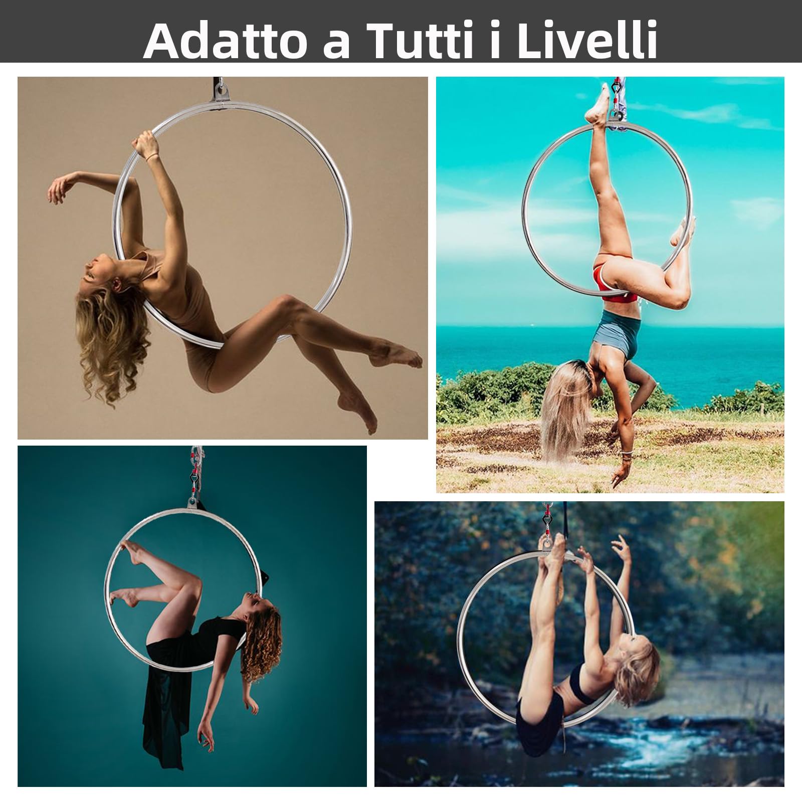 PRIOR FITNESS Set di Cerchio Aereo Lyra, Anello Aereo a Punto Singolo in Acciaio Inossidabile con Kit di Montaggio Completo, Resistenza Elevata Certificata SGS 490kg/1080lbs per Danza Aerea