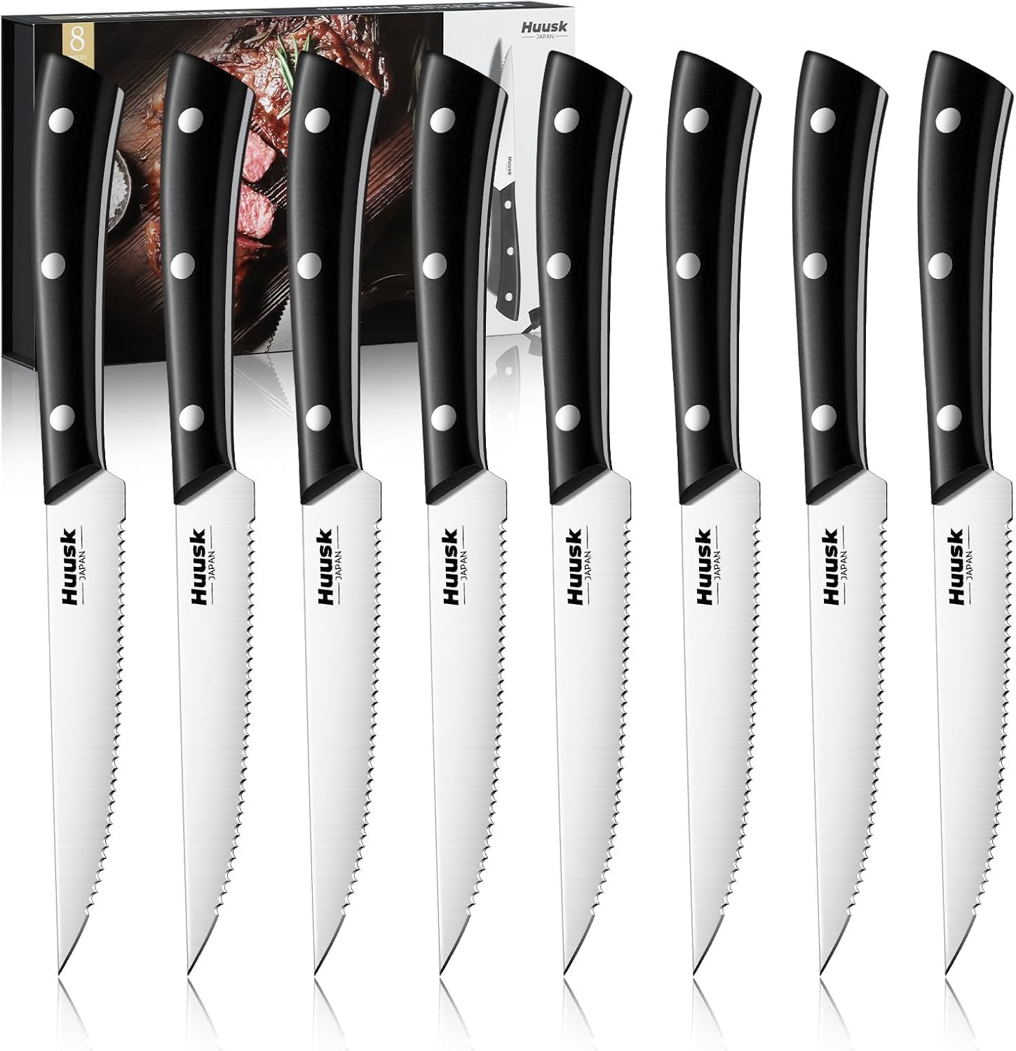 Huusk Steak Knives Set of 8, Sharp Serrated Steak Knives with Full Tang Handle, Japanese Stainless Steel Stake Knife Set for Dinner BBQ Kitchen with Gift Box, Birthday Gifts for Men Women
