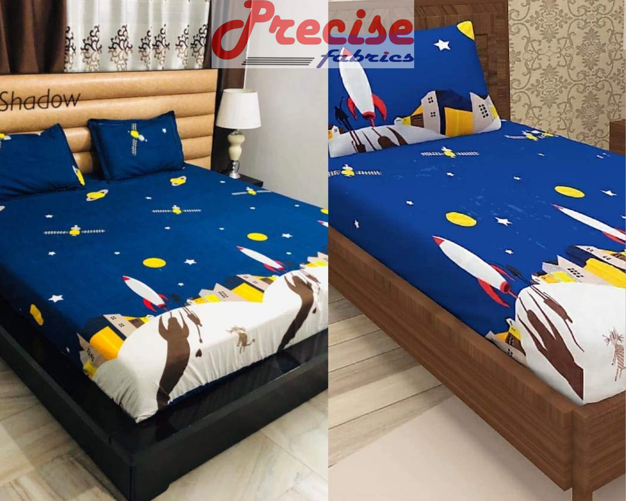 Precise Fabrics Combo Pack of 2 Elastic Fitted Bedsheet 1 for Double Bed and 1 for Single Bed of Same Print 200TC(Blue Rocket) (B09VY8XLDL) Amazon Price History, Amazon Price Tracker