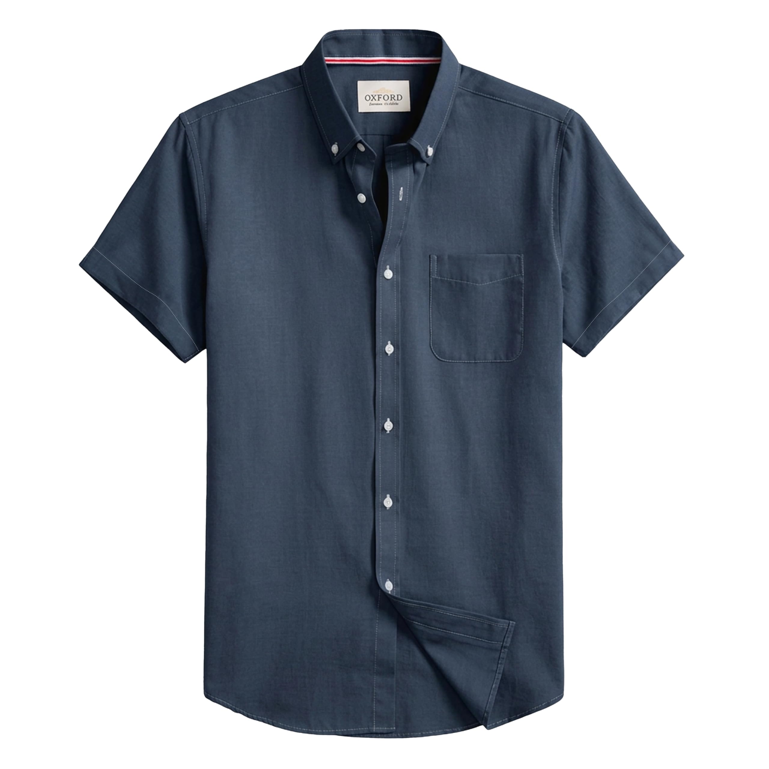 DELCARINO - Camisa Oxford de manga corta para hombre, ajuste regular, con botones y bolsillo, Azul marino, Large