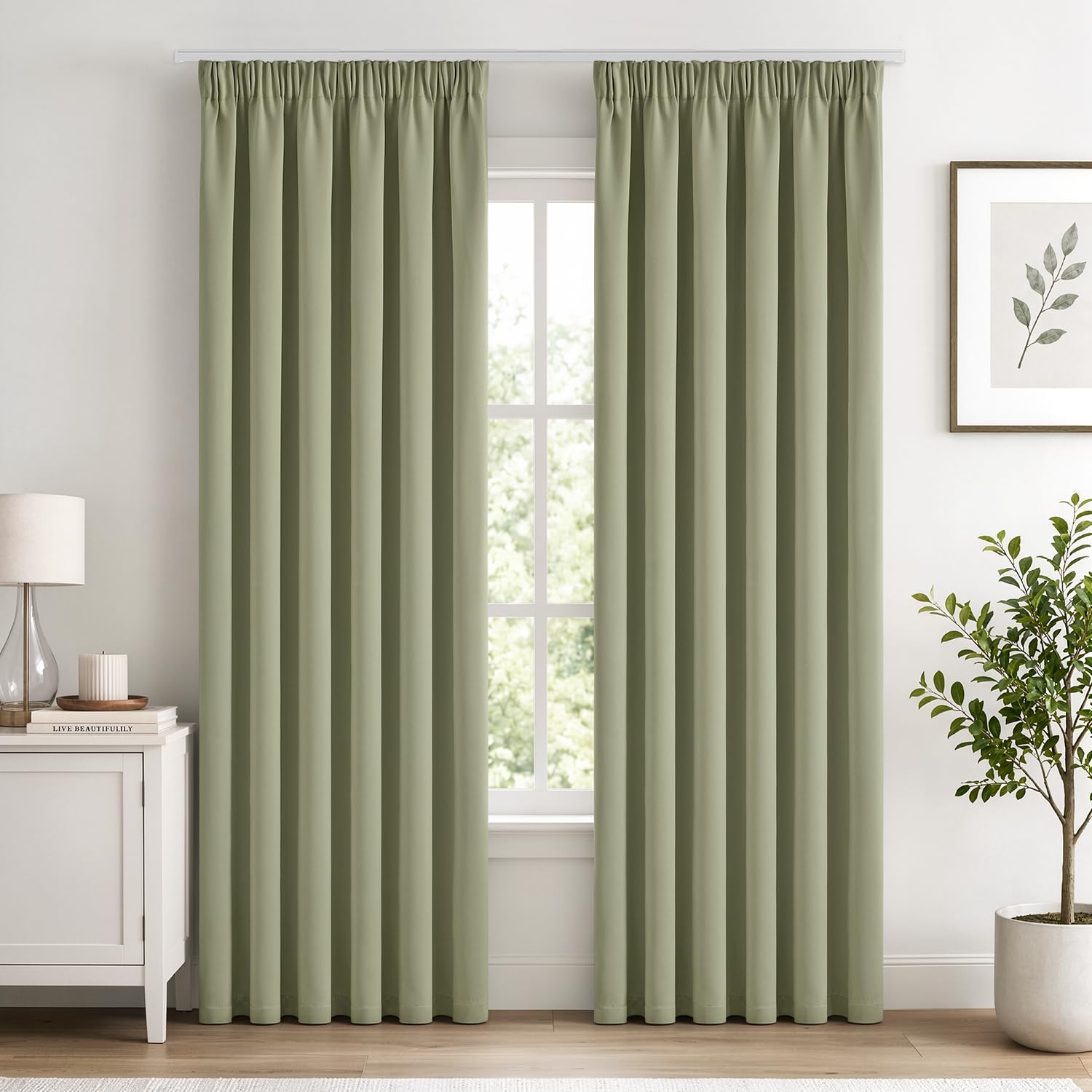 Woaboy Rideau occultant Galon fronceur 2 Pièces L140 H200 Vert Sauge | Rideau totalement occultant, isolant chaud et froid, atténue les bruits, équipé d'un galon fronceur pour salon et chambre