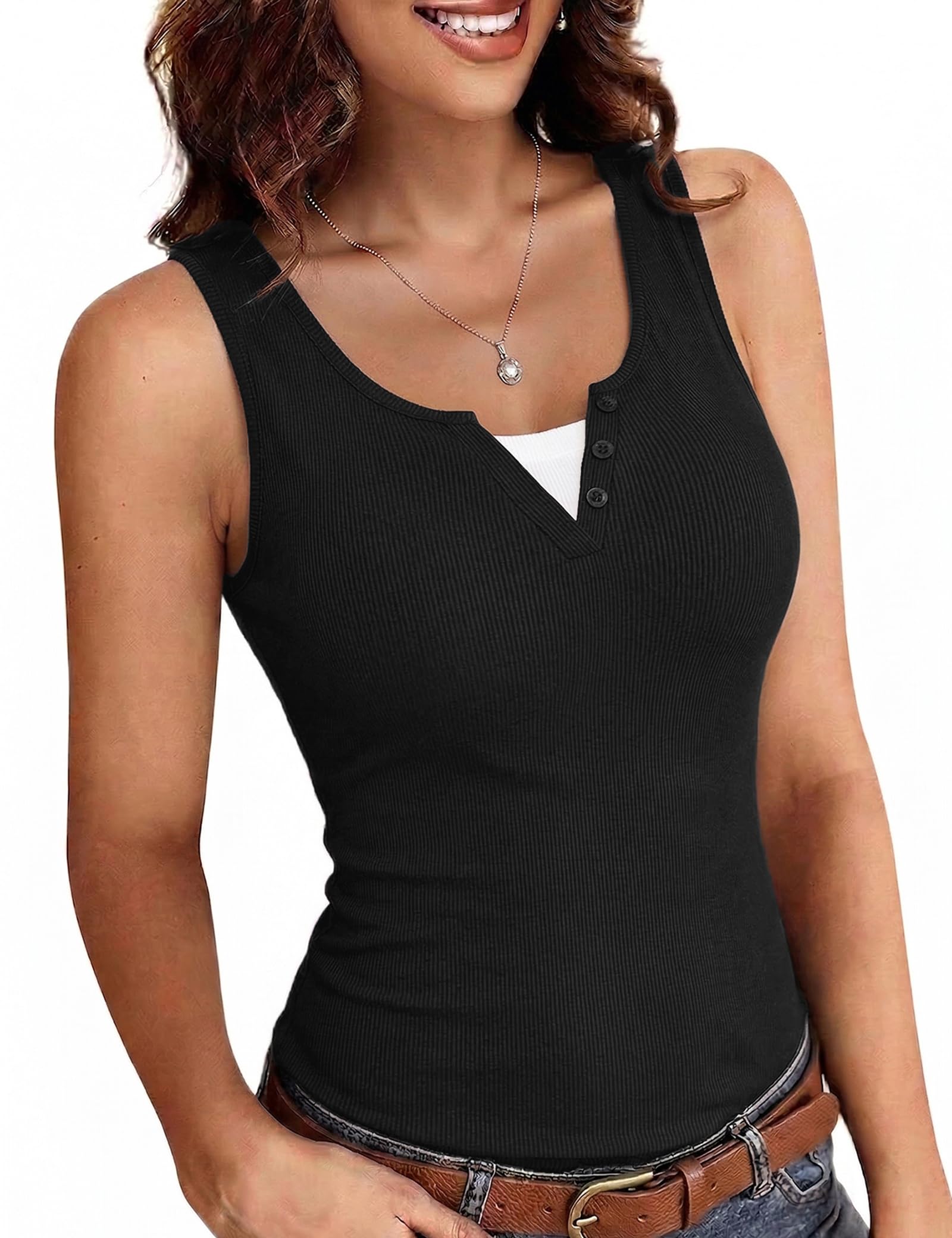 Totatuit Tank Top Damen V-Ausschnitt Ärmellos Sommer Sexy Oberteile Slim Fit Basic Shirt Gerippt Tanktop Stretch Tops Einfarbig