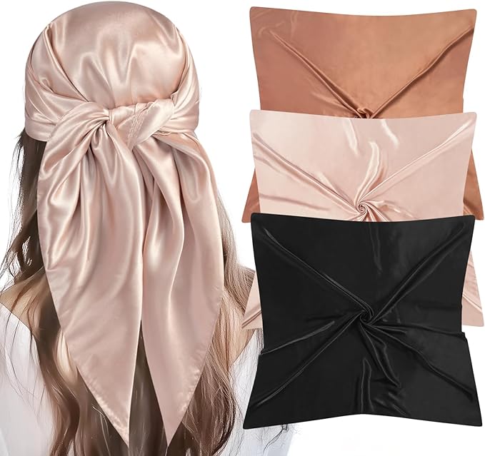 VBAEI 35” Large Square Satin Head Scarf - 3Pcs Silk Like Head Scarves Silk Bandana Satin Hair Scarf Head Wraps For Women