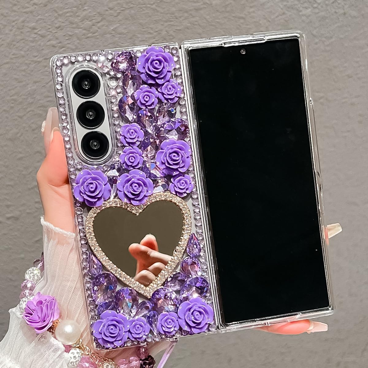 for Samsung Galaxy Z Fold 7 Bling Case Diamond Flower Sparkle Glitter Crystal Rhinestone Pearl Cute Love-Heart Mirror Wrist Bracelet Lanyard Cover for Girls Women for Galaxy Z Fold 7,Purple