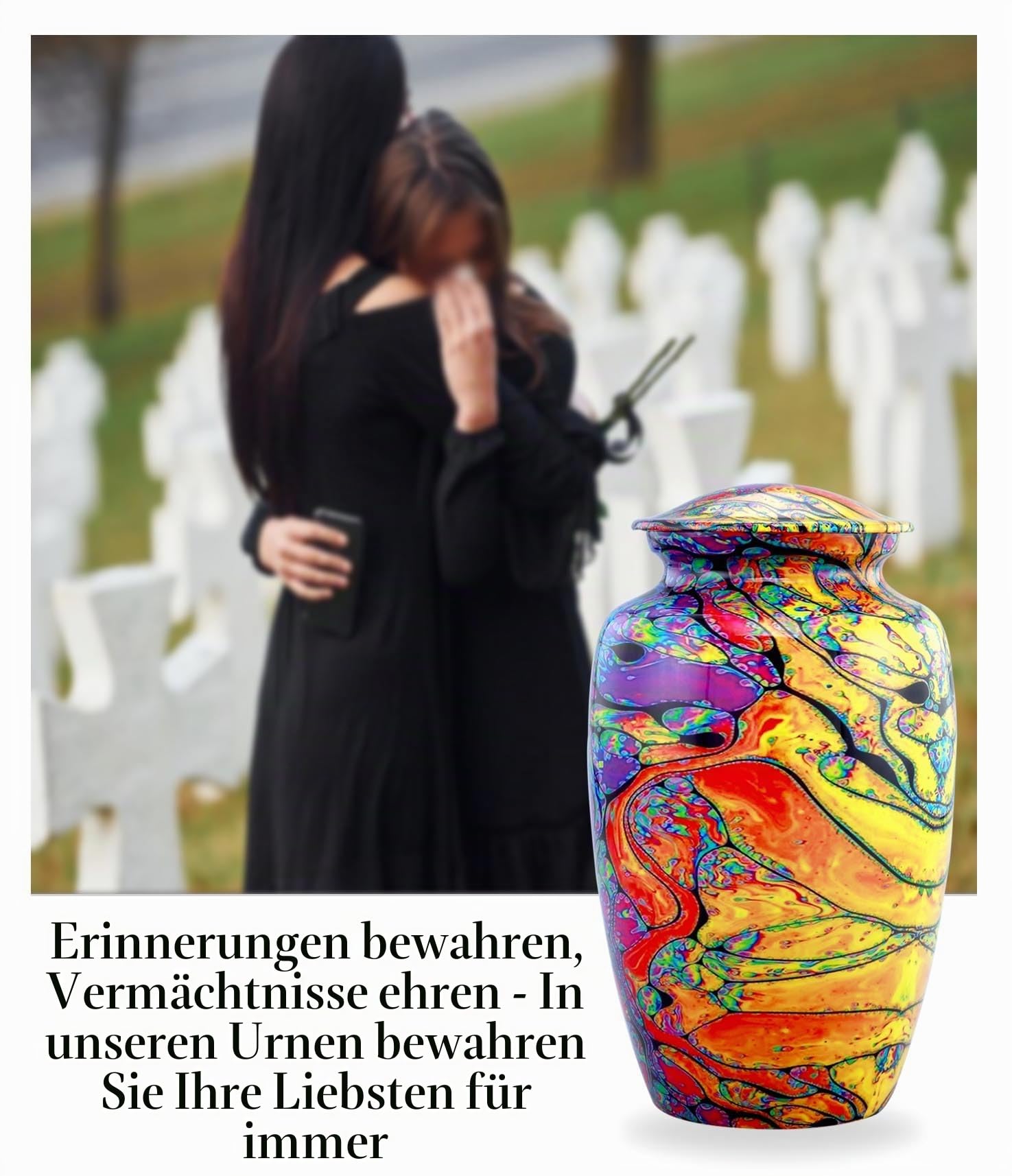 Moderne Druckurne – bunte, handgefertigte Batikurne – Farben des Lebens – Regenbogenurne – Beerdigungs- und Gedenkurne in voller Größe für menschliche Asche mit Samtbeutel