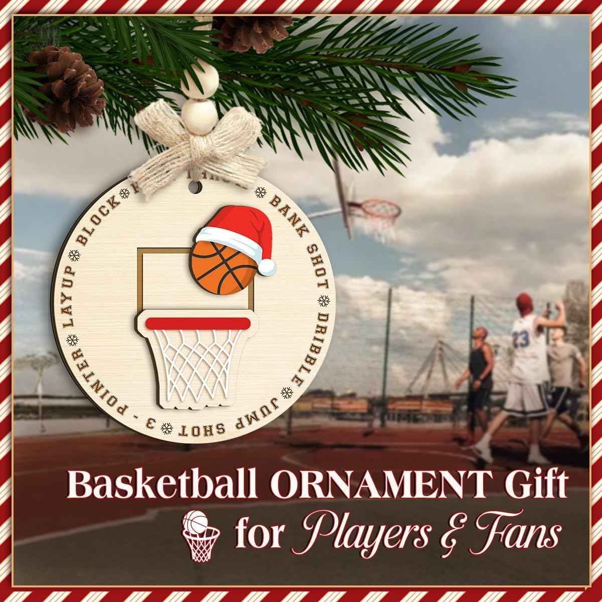 Basketball Xmas Ornament, 2 Layer Wood - Sports Ornament for Christmas Tree - Santa Basketball Gift for Boys, Girls, Players, Leaders, Coaches & Basketball Lovers, Holiday Decor - Image 4