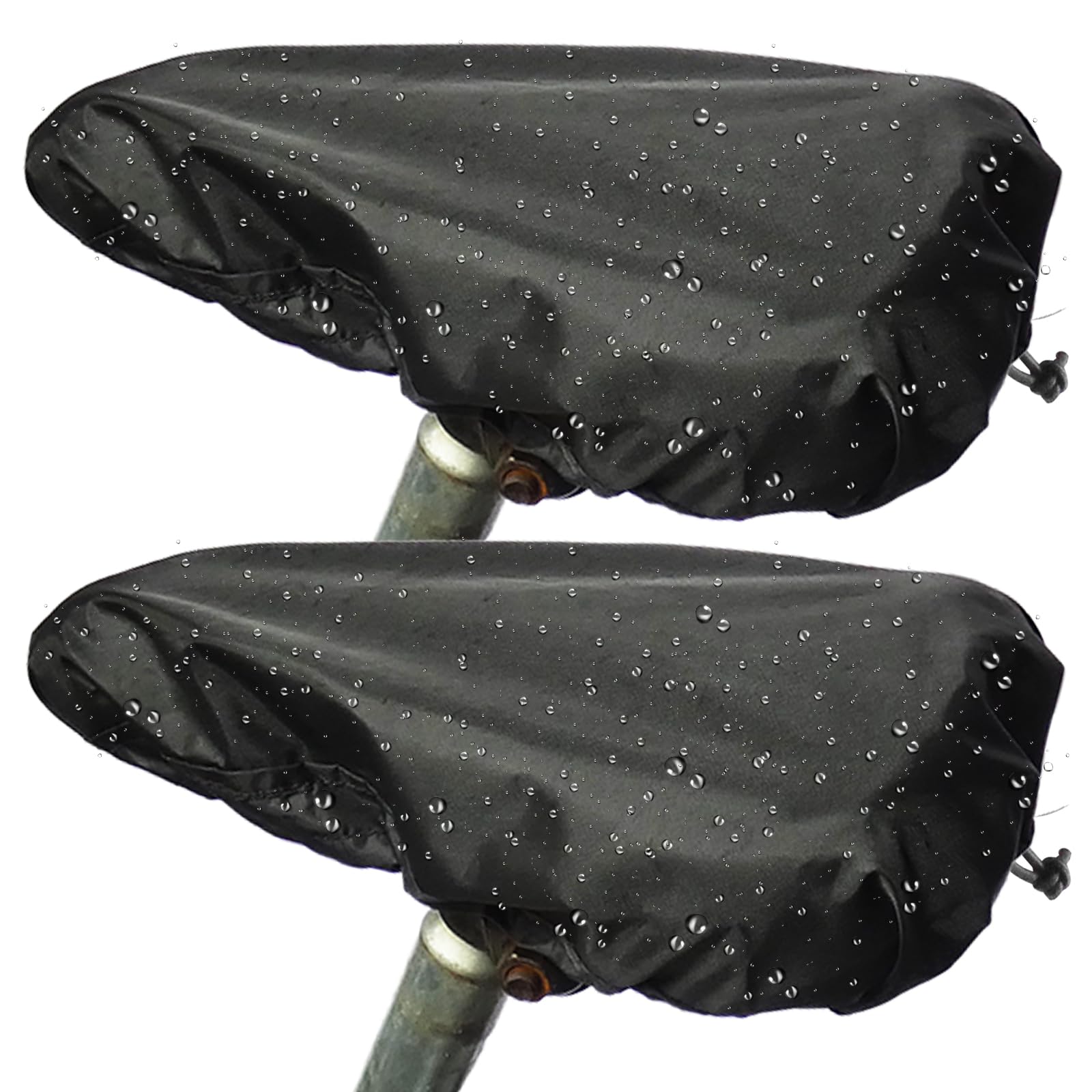 2-Pack Bicycle Saddle Rain Covers—UV-Protective, Waterproof, Dustproof, and Windproof; Fits Mountain, City, and E-Bike Saddles; Secured with Elastic Straps and Snap Clips; All-Season Use;Black