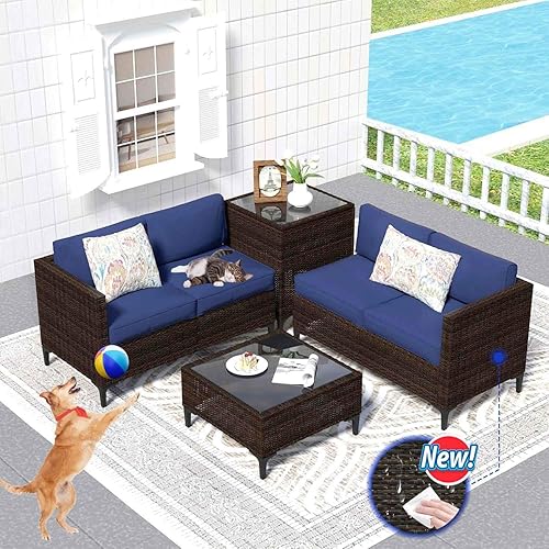 Outdoor Patio Furniture Set 4pcs Rattan Patio Sectional with Storage & Thick Cushion, 4 Piece Outdoor Loveseat Patio Sofa,Waterproof Conversation Sets Wicker Porch Furniture Set