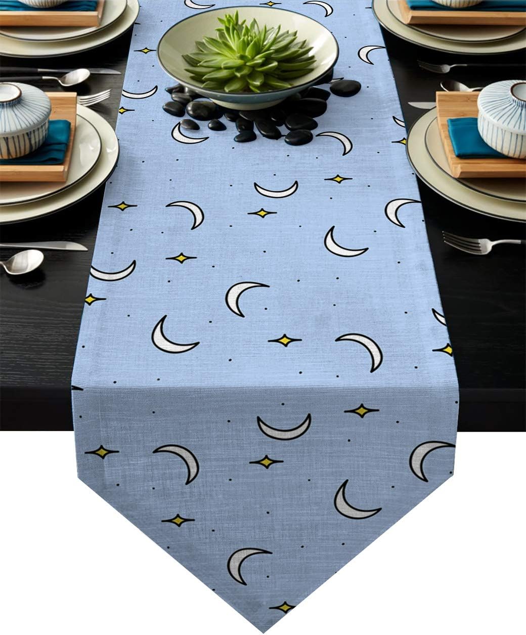 Fandim Fly Dining Table Runner 18 x 72 Inch, Blue Background with Stars and Moons Pattern Table Runners for Morden Stylish Wedding Party Holiday Table Setting Decor