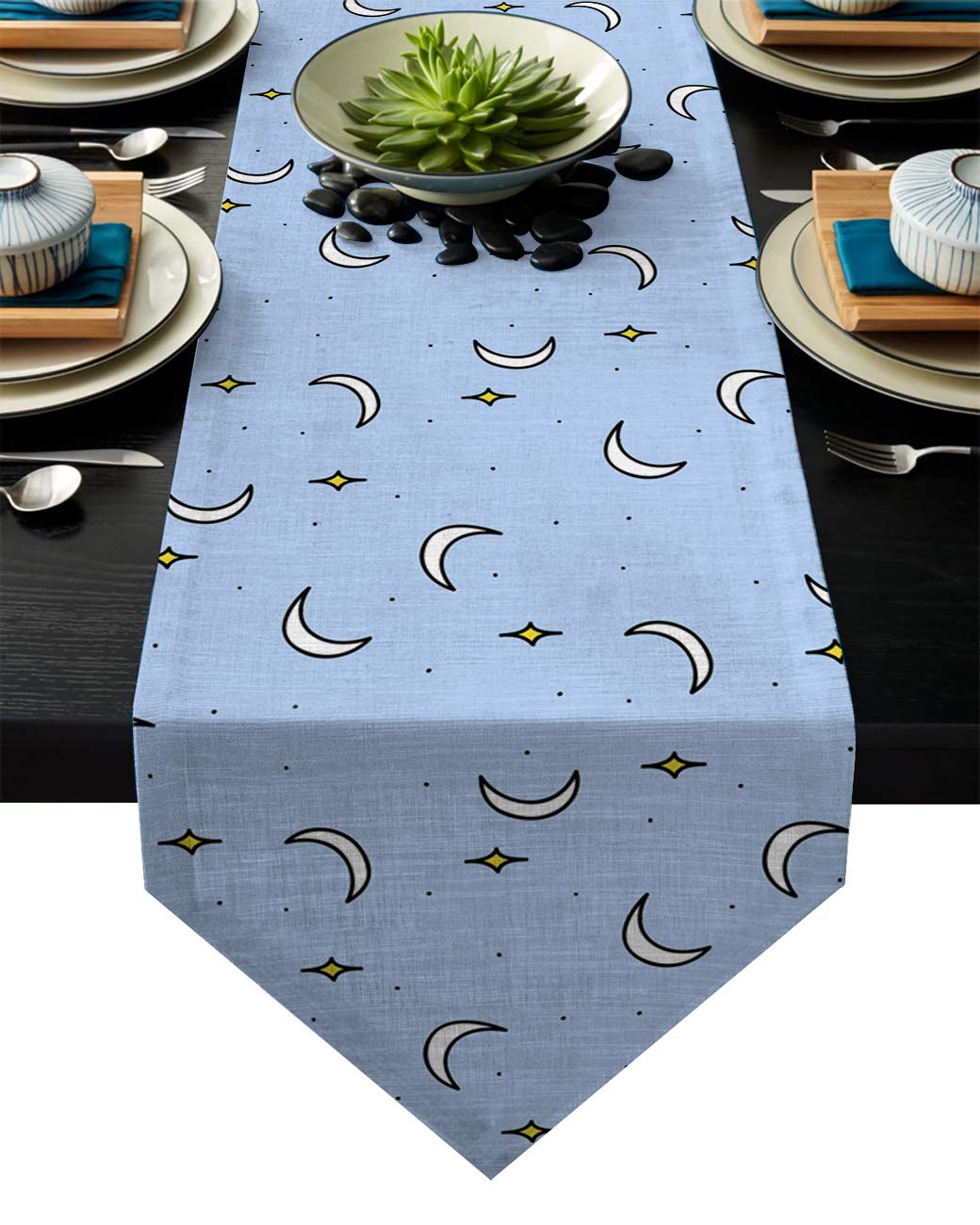 Fandim Fly Dining Table Runner 18 x 72 Inch, Blue Background with Stars and Moons Pattern Table Runners for Morden Stylish Wedding Party Holiday Table Setting Decor
